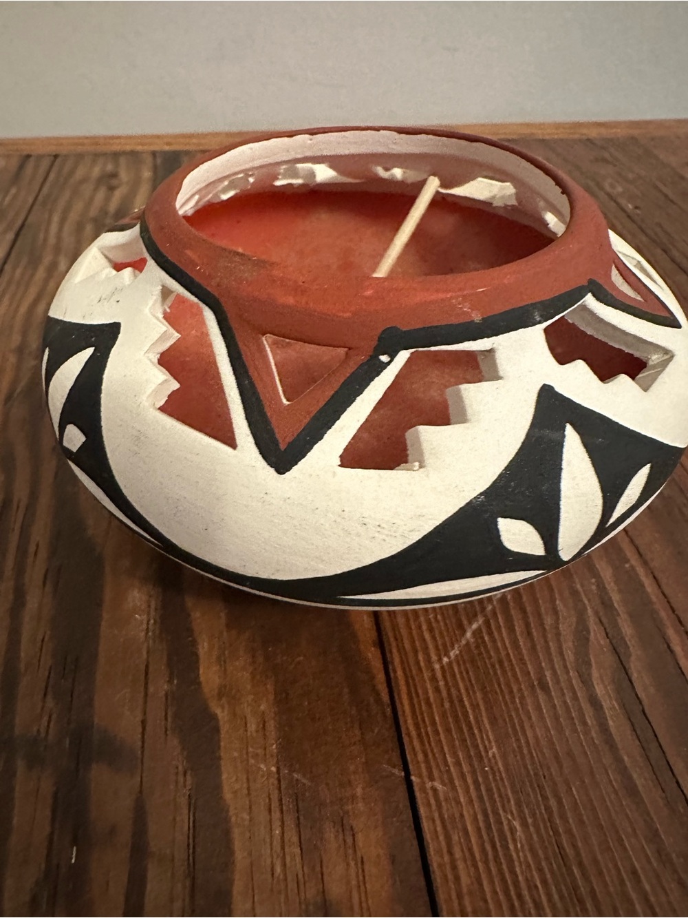 Handmade White and Terracotta Geometric Ceramic Pot with Black Accents